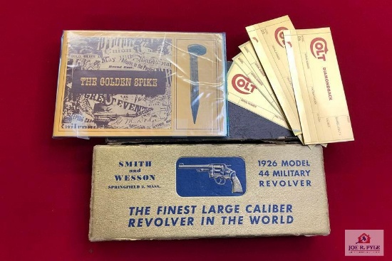 Lot of various: S&W Gold Box 44 Military Revolver, Colt Official Police, misc. labels for boxes,