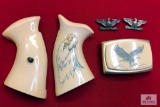 Lot of 4 pieces: scrimshaw belt buckle, grip set with scrimshaw, (2) eagle pins