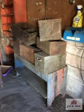 Lot of vintage wooden boxes and wood bench