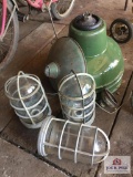 Lot vintage warehouse lights and porcelain shades