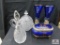 Pressed glass cruet, covered butter, painted blue vases and music box