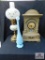 Painted wood clock, and lamp, Fenton blue milk glass vase