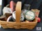 Basket containing tin containers, bob-a-loop game