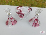 Ruby overlay on cut glass candy bowl and candle holder