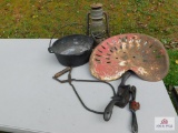 Metal wagon seat, tongs, planers, iron kettle, Deitz lantern