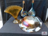 Fan vase, carnival glass bowl and carnival glass bottles