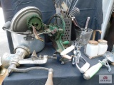 Group of vintage kitchen items, apple peeler, grinder and other items