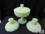 Fenton soft green candlesticks and covered candy