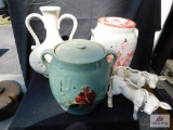 Crockery items, cookie jars, and cow planters