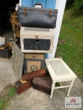 Wood items: stool, small cabinet, boxes and vintage framed picture