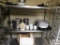 Stainless steel shelf & contents, Box of coffee mugs, stock pots, skillets