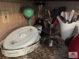 Lot in corner: cyclone blender, Milk shake mixer, utensils, etc.