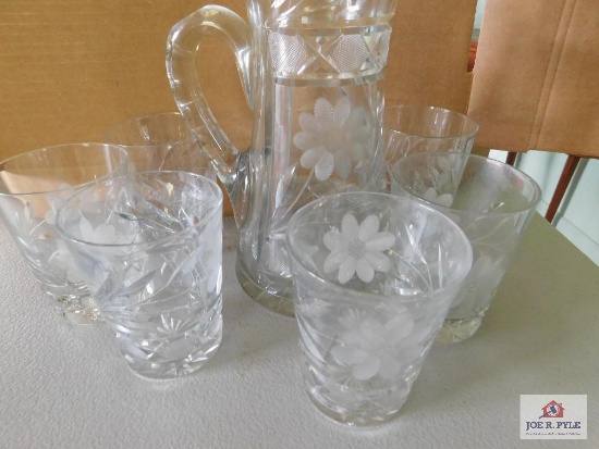 Wheel Cut Glass Pitcher With Matching Tumblers
