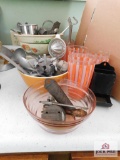 Vintage Juice Glasses And Kitchen Utensils, Match Box And Mixing Bowls