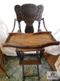 Victorian Oak Carved High Chair With Cane Bottom Seat