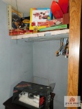 Contents Of Closet- Childs Skis, Coca-Cola Truck And Cars Set, Board Games, Wv Clock, Ball, And