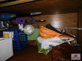 Contents Of Closet- Dyson Vacuum, Shopping Bags, Ironing Board, Fan, Plastic Shelves