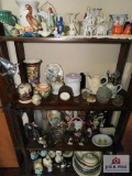 Shelf And Contents- Vases, Decorative Items, Floral Dishes, Small Oil Lamps, Small Mirror And Mantle