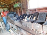 Contents Of Work Bench- No. 24 Bench Vise, Wheelbarrow, Gas Cans, Watering Tub