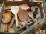 Lot wood primitives: scoops, spoons, toy, etc.