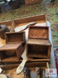 Lot four 4 wood butter molds and two 2 paddles
