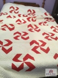 Vintage hand stitched red and white quilt full size
