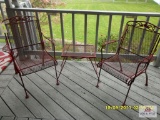 2 red metal chairs w stand