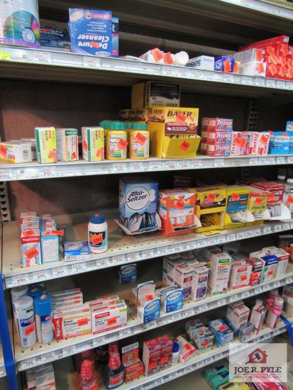 4 ft shelf of hba products Tylenol, Alka seltzer, tooth paste