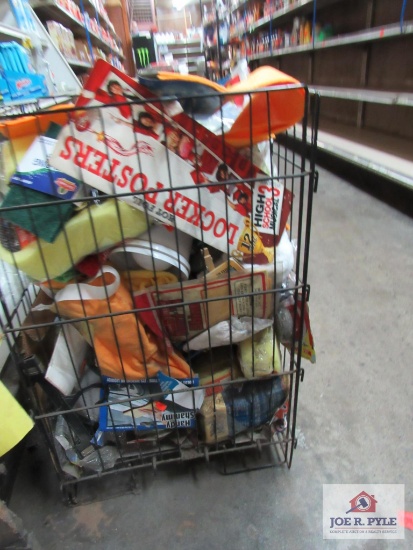 wire basket full of cleaning supplies, sponges, shammy's etc.