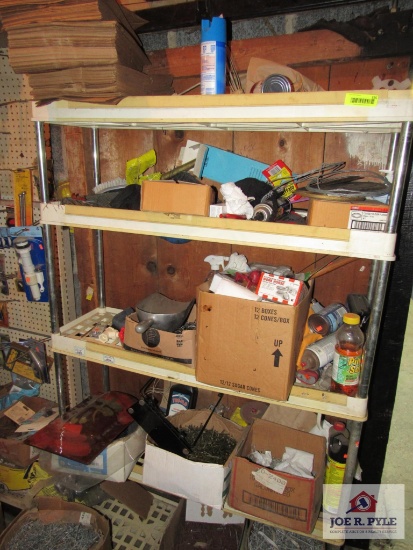 4 ft shelf w contents nails misc. hardware items