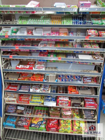 4 ft shelf w contents, gum, candy, etc.