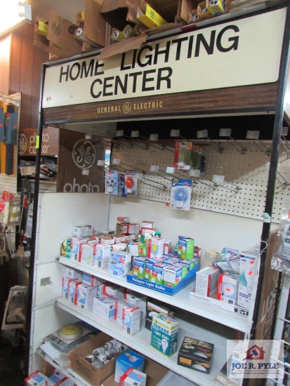 4 ft shelf w contents, lightbulbs