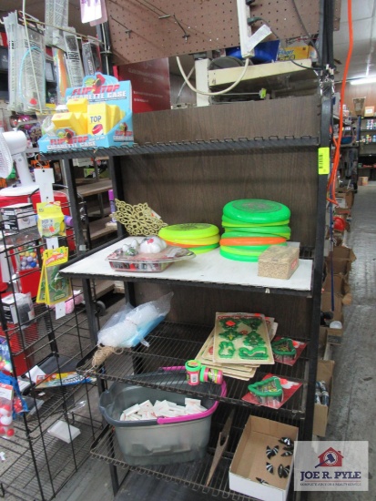 2 ft shelf and contents cigarette cases, cookie cutters, etc.