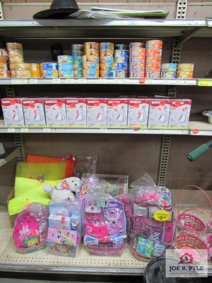 cat food approx. 85 items and lightbulbs, Easter baskets, etc.