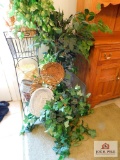Group of baskets, plant stand & greenery