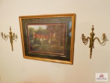 Framed cottage picture & brass scones