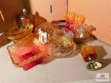 Carnival glass, bowl, covered jar & votives