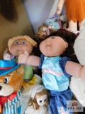 2 Boxes of plush dolls - Barney Ruble, Cabbage Patch & bunnies