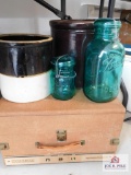 2 crocks (brown one is damaged), radio (case only), 2 ball jars