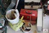 1 Lot toolbox w/tools, bucket with masonry tools, medicine cabinet w/mirror
