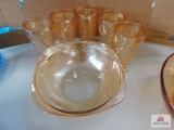 Carnival glass bowl and glasses