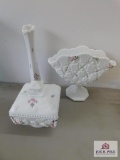 Hand-painted milk glass fan vase, covered candy & vase