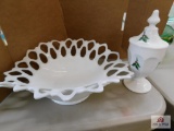 Milk glass fancy bowl & Christmas decorated candy