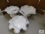 Clean glass edged milk glass basket & bowls