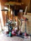 Lot of hand tools - electric weed eaters, brooms & car ramps