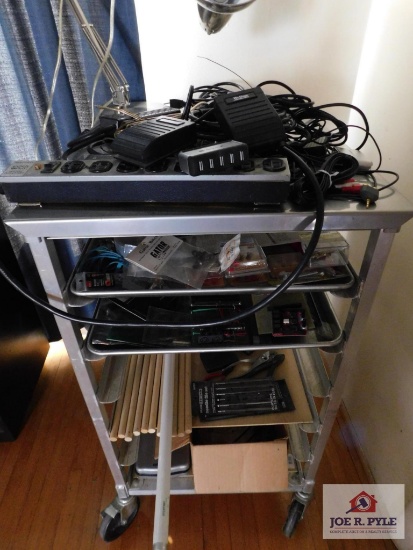 Rolling cart and contents - desk lamp, resisters, wire capacitors, keyboard pedals, etc.