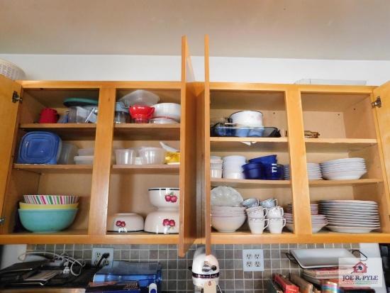 Contents of cabinets - collection of plates, bowls & mugs, mixing bowls, bakeware & Tupperware