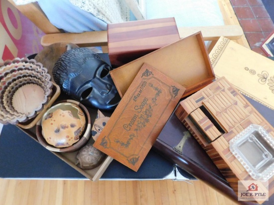 Collection of wood items - bowls, Lane cedar jewelry box, wood boxes, backgammon set