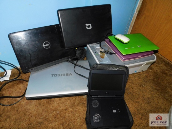 Selection of laptop computers including Toshiba & Dell, HP printer as well as portable DVD player