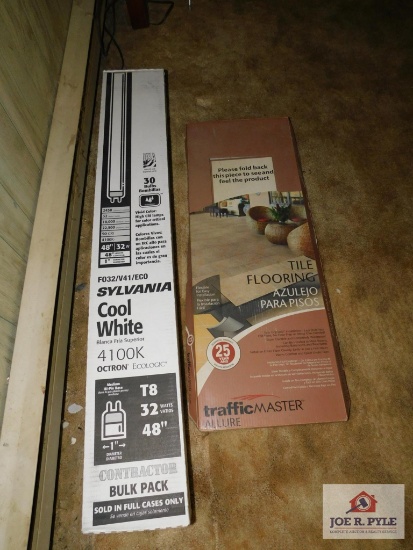 6 Sheets Trafficmaster tile flooring, box w/ 16 -48" 32 watt bulbs